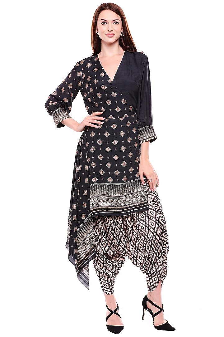 Black & Beige Printed Top With Dhoti Pants by Soup by Sougat Paul