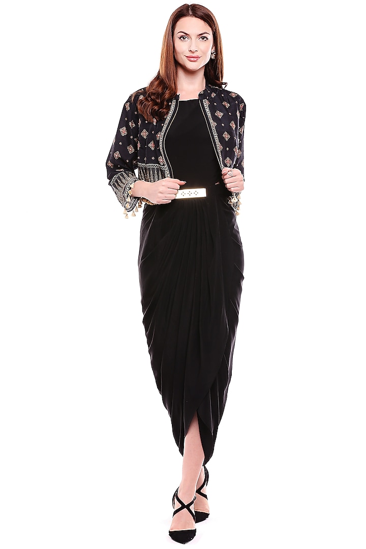 Black Draped Dress With Printed Jacket by Soup by Sougat Paul