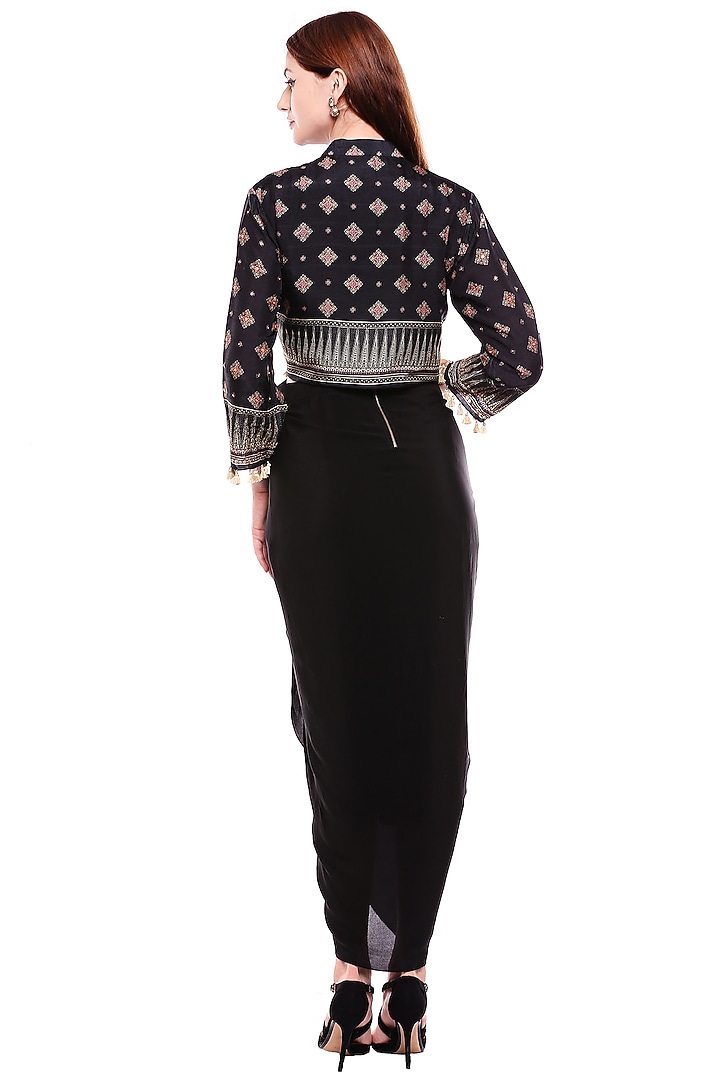 Black Draped Vacation Dress With Printed Jacket by Soup by Sougat Paul at Pernia's Pop Up Shop