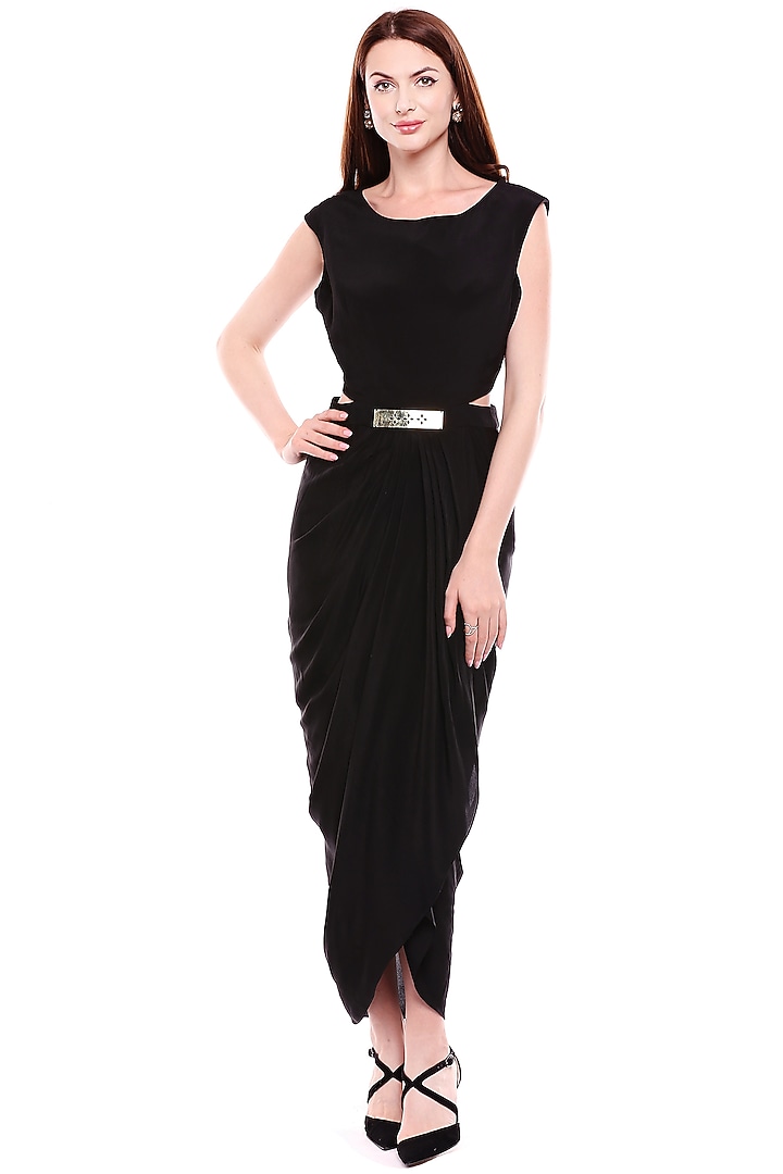 Black Draped Vacation Dress With Printed Jacket by Soup by Sougat Paul at Pernia's Pop Up Shop