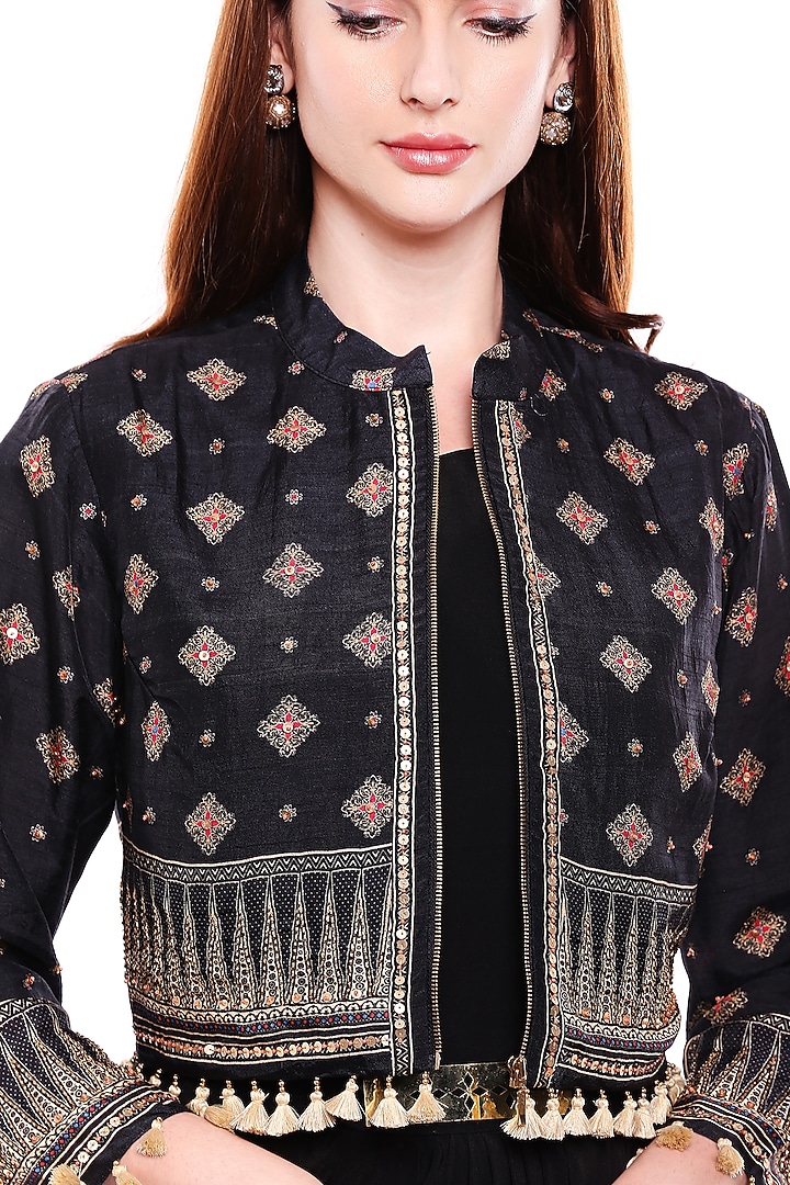 Black Draped Vacation Dress With Printed Jacket by Soup by Sougat Paul at Pernia's Pop Up Shop