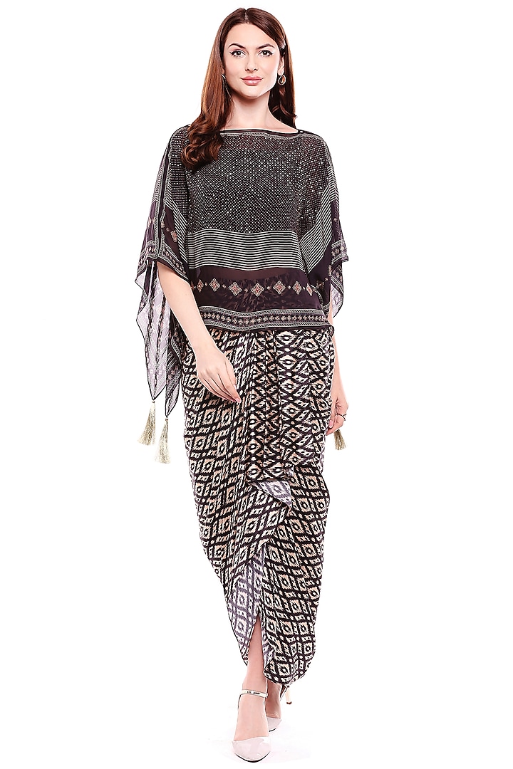 Brown Printed Skirt With Kaftan Top by Soup by Sougat Paul
