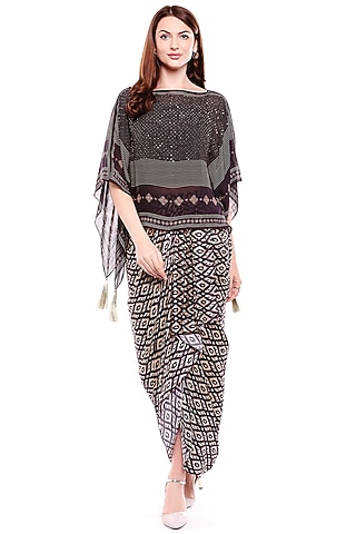 Brown Printed Skirt With Kaftan Top by Soup by Sougat Paul