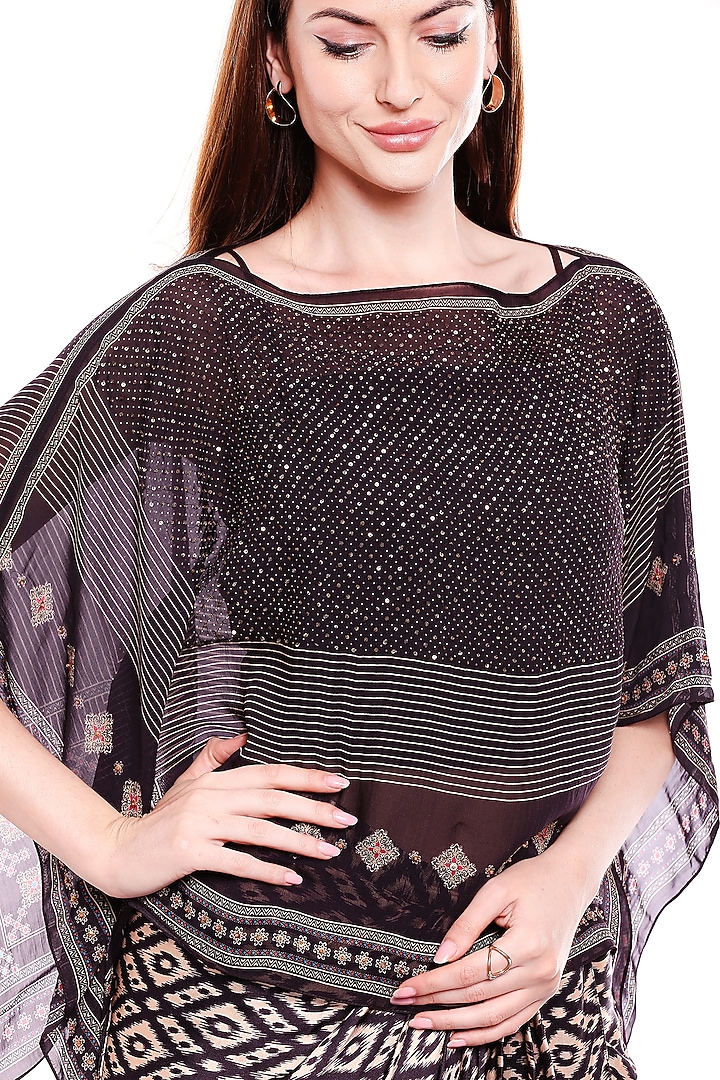 Brown Printed Skirt With Kaftan Top by Soup by Sougat Paul at Pernia's Pop Up Shop