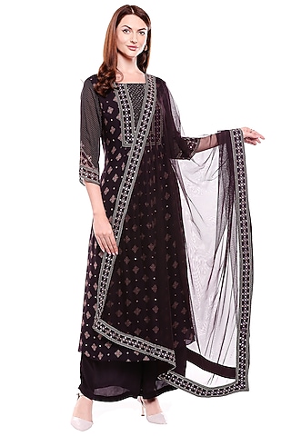 Brown Printed & Embroidered Kurta Set by Soup by Sougat Paul