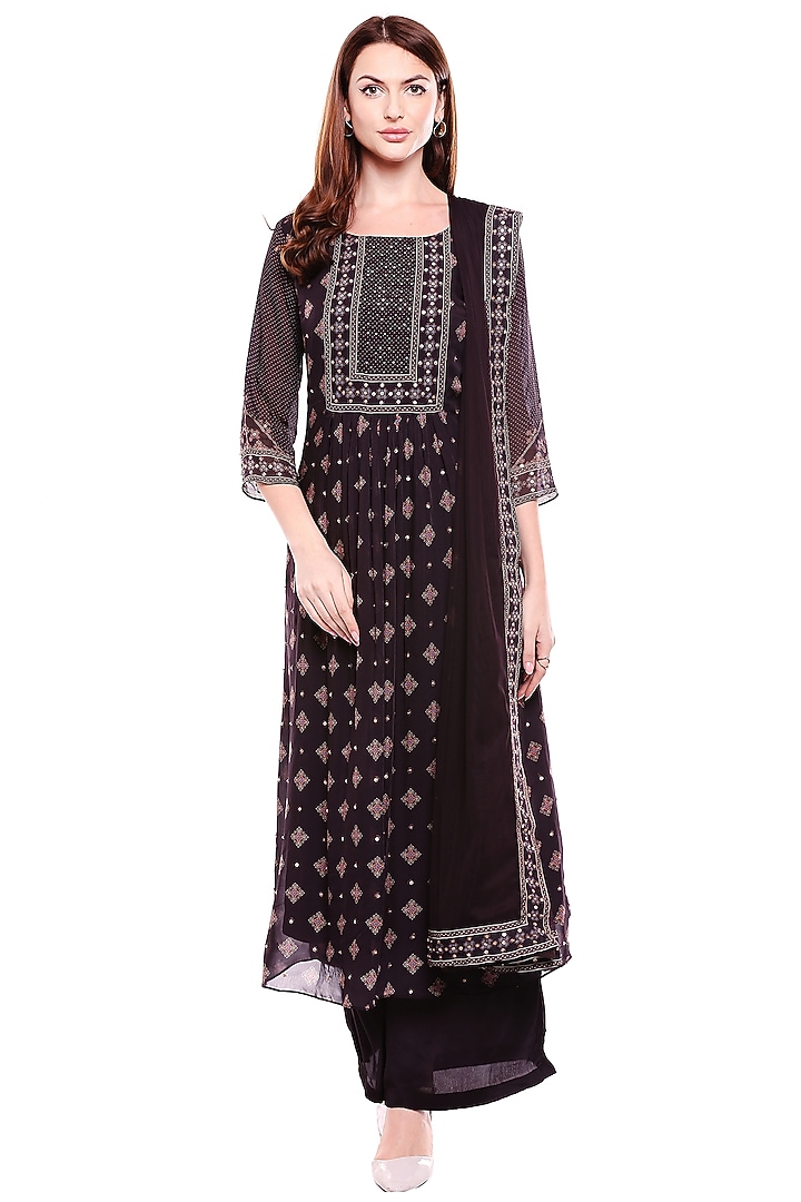 Brown Printed & Embroidered Kurta Set by Soup by Sougat Paul at Pernia's Pop Up Shop