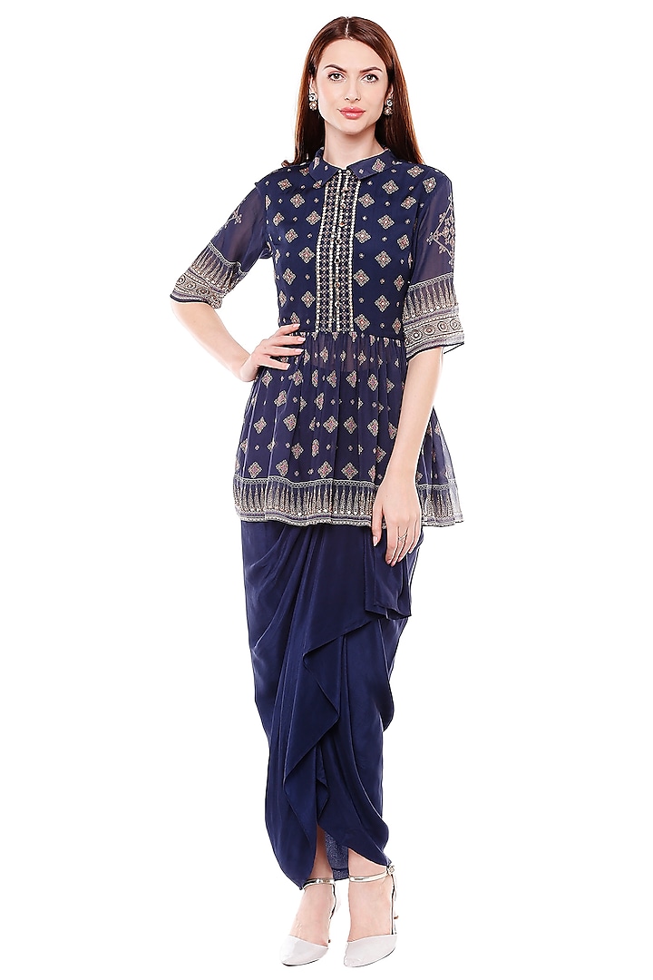 Navy Blue Printed Top With Dhoti Skirt by Soup by Sougat Paul