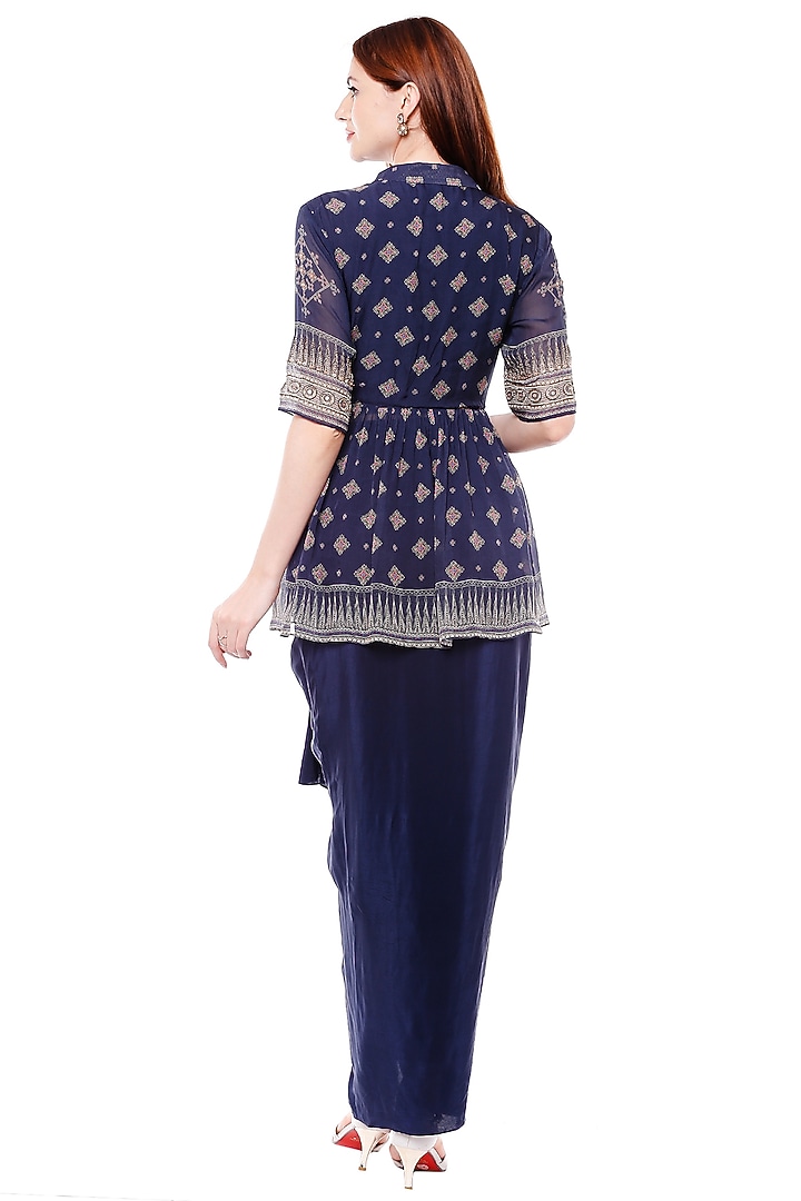 Navy Blue Printed Top With Dhoti Skirt by Soup by Sougat Paul at Pernia's Pop Up Shop