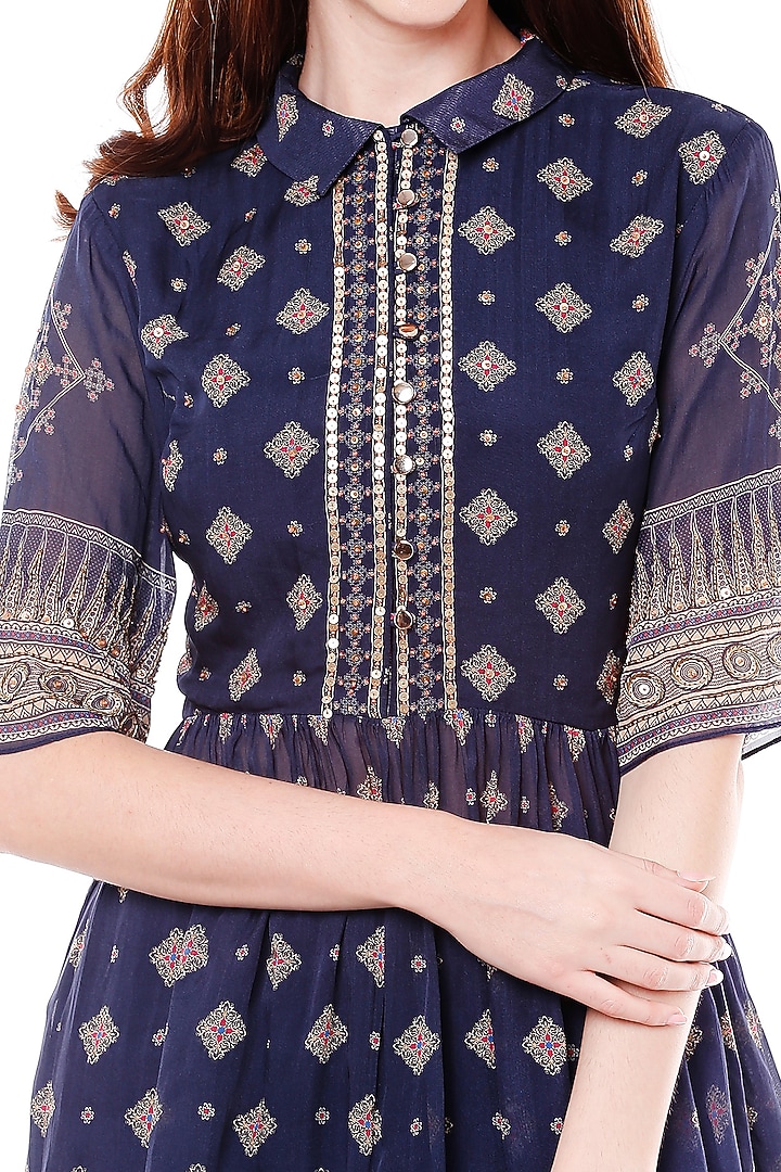 Navy Blue Printed Top With Dhoti Skirt by Soup by Sougat Paul at Pernia's Pop Up Shop