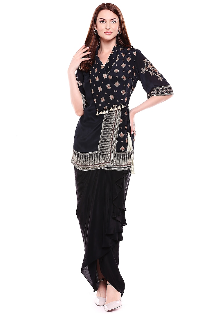 Black Embroidered Jacket With Dhoti Skirt by Soup by Sougat Paul