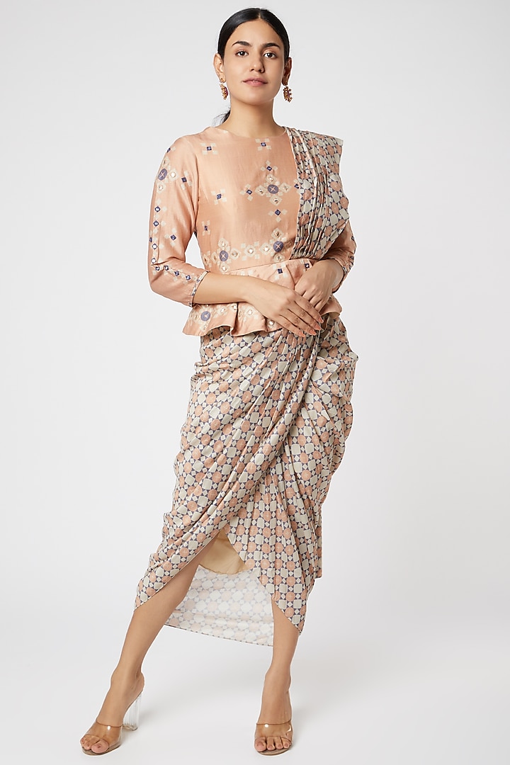 Nude Chanderi Silk DIgital Printed Pre-Stitched Party Wear Saree Set by Soup by Sougat Paul at Pernia's Pop Up Shop