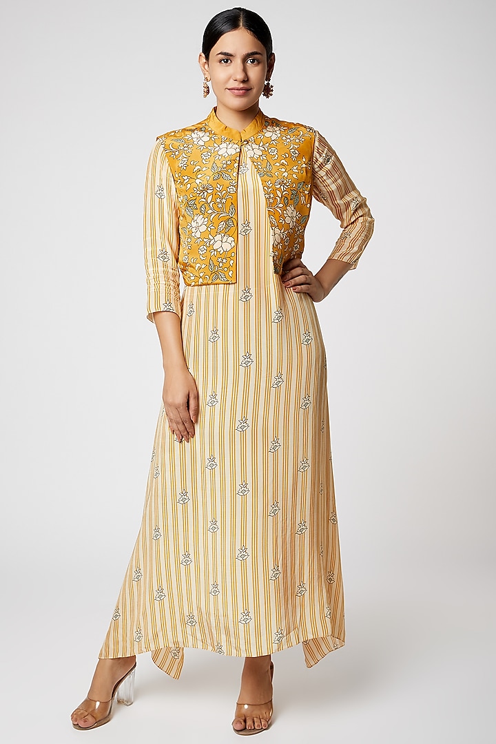 Mustard Printed Dress With Jacket by Soup by Sougat Paul