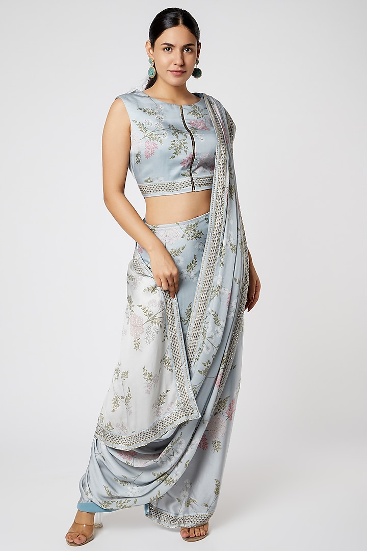 Sky Blue Printed Pre Stitched Saree Set by Soup by Sougat Paul