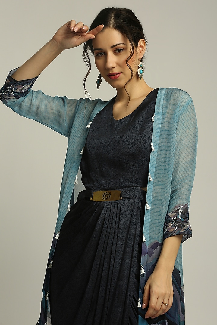 Navy Blue Printed Drape Vacation Dress by Soup by Sougat Paul at Pernia's Pop Up Shop
