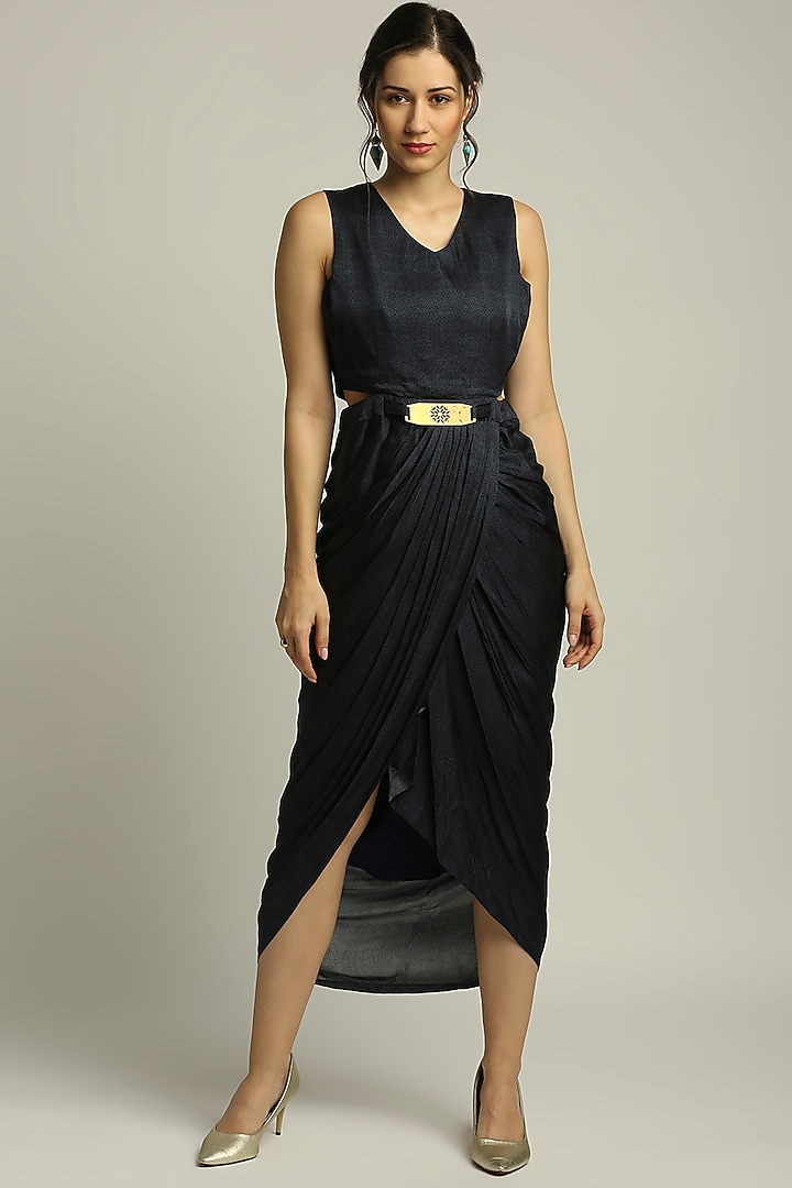 Navy Blue Printed Drape Vacation Dress by Soup by Sougat Paul at Pernia's Pop Up Shop
