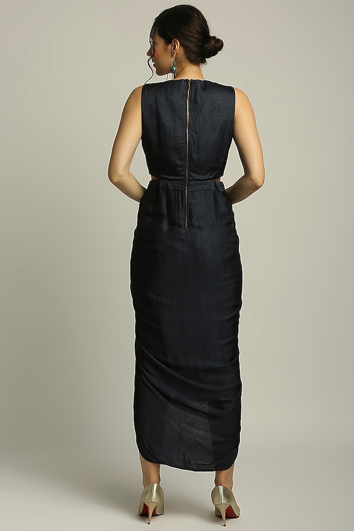 Navy Blue Printed Drape Vacation Dress by Soup by Sougat Paul at Pernia's Pop Up Shop