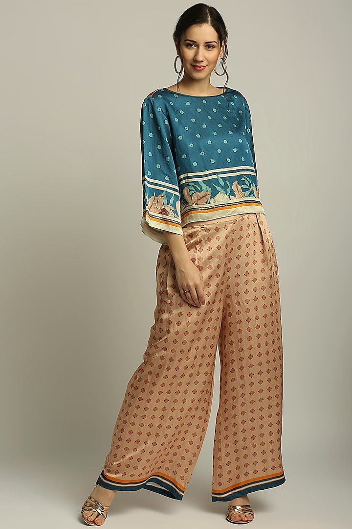 Peach Satin Printed Pant Set by Soup by Sougat Paul at Pernia's Pop Up Shop