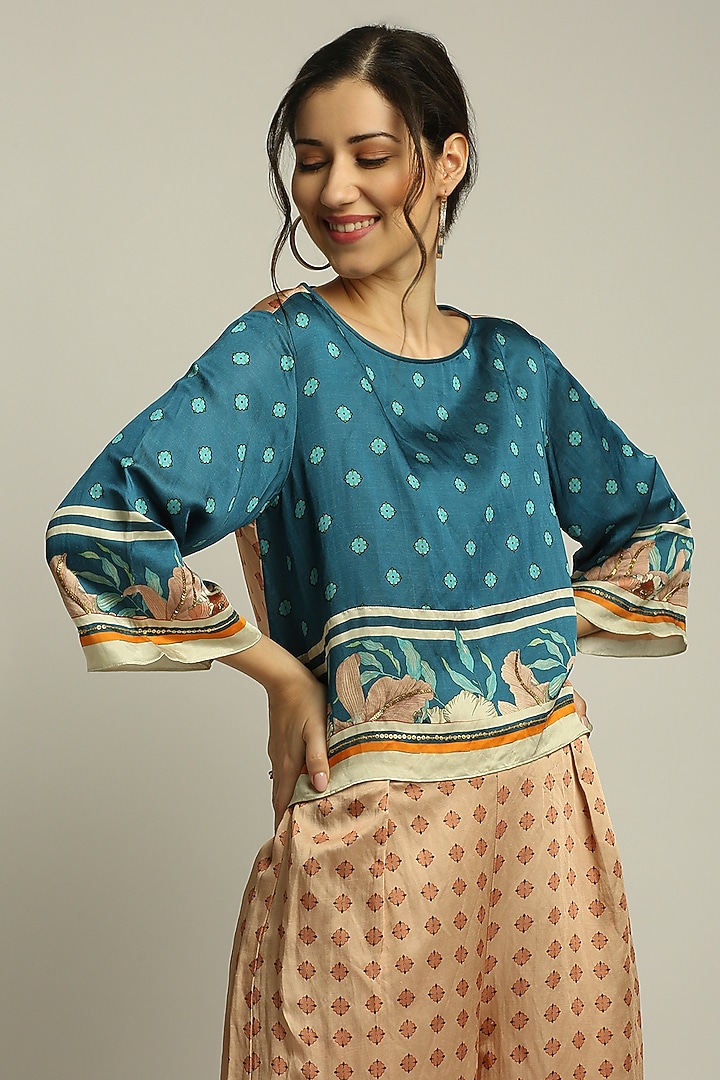 Peach Satin Printed Pant Set by Soup by Sougat Paul at Pernia's Pop Up Shop