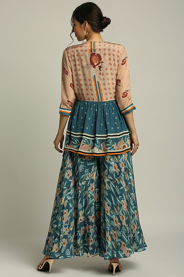 Teal Blue Crepe Printed Jumpsuit With Jacket by Soup by Sougat Paul at Pernia's Pop Up Shop