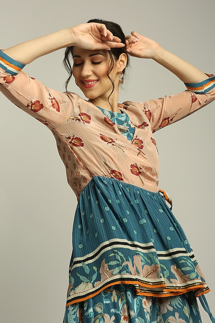 Teal Blue Crepe Printed Jumpsuit With Jacket by Soup by Sougat Paul at Pernia's Pop Up Shop
