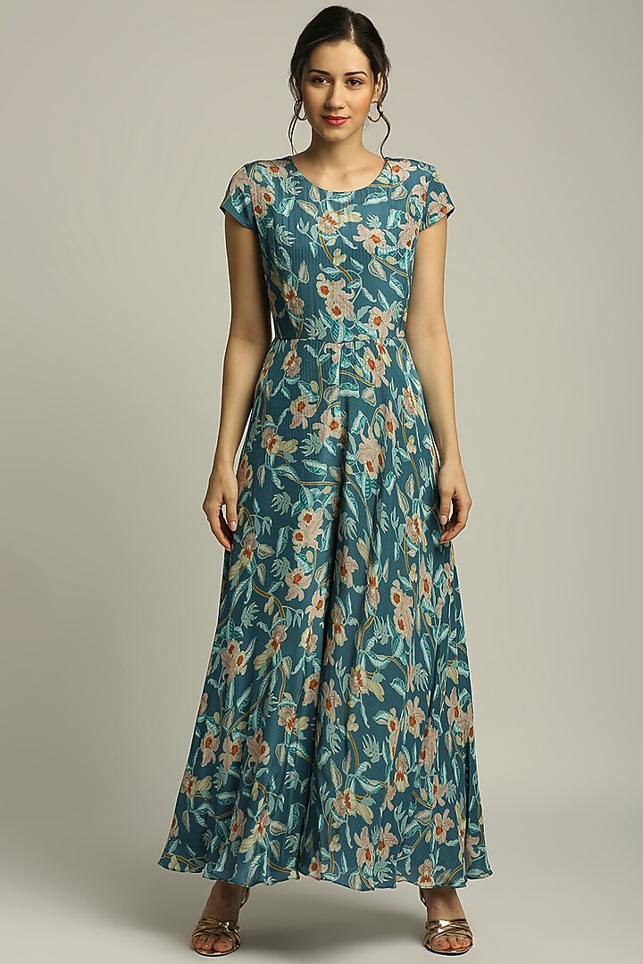 Teal Blue Crepe Printed Jumpsuit With Jacket by Soup by Sougat Paul at Pernia's Pop Up Shop