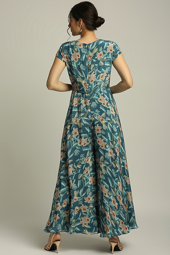 Teal Blue Crepe Printed Jumpsuit With Jacket by Soup by Sougat Paul at Pernia's Pop Up Shop