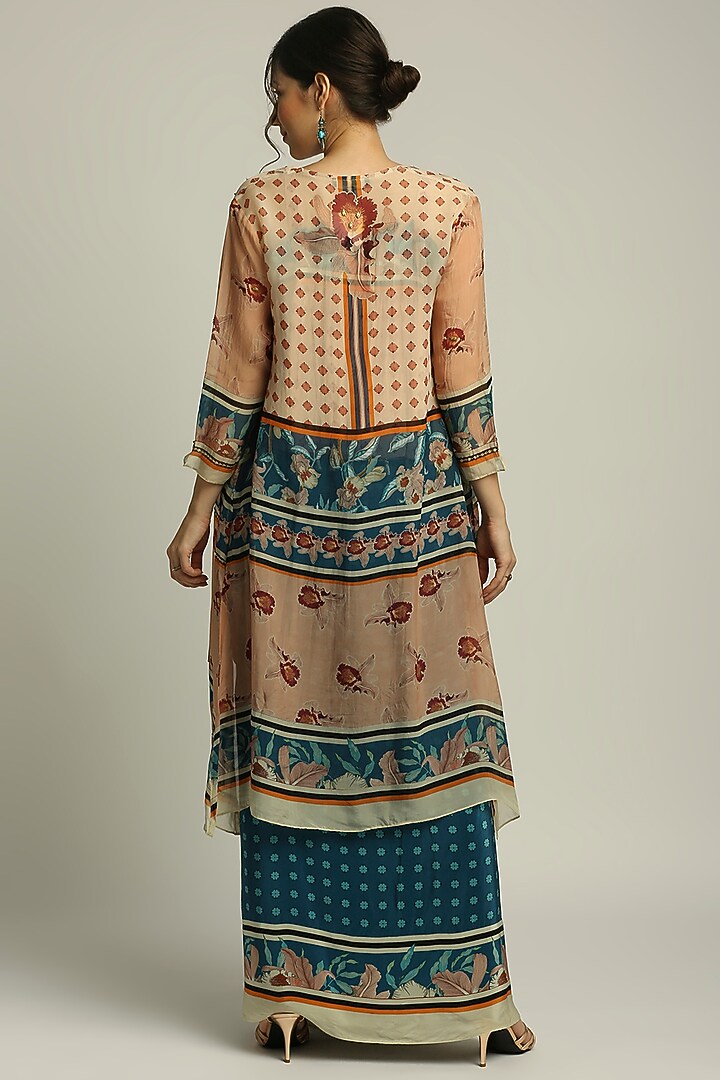 Teal Blue Printed Draped Skirt Set by Soup by Sougat Paul at Pernia's Pop Up Shop