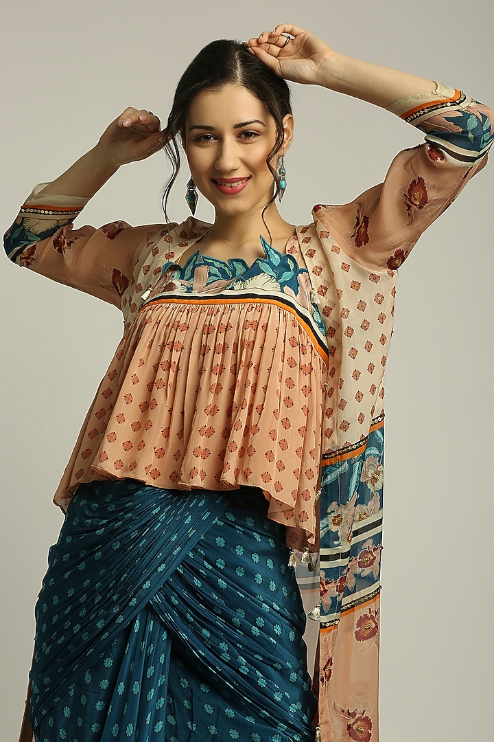 Teal Blue Printed Draped Skirt Set by Soup by Sougat Paul at Pernia's Pop Up Shop
