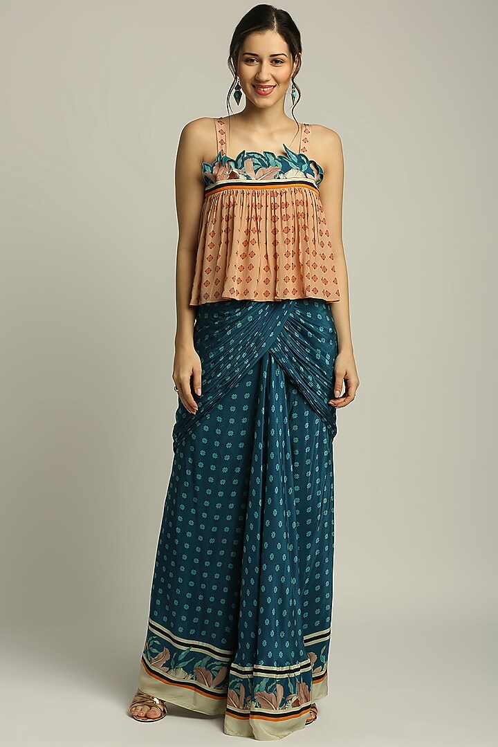 Teal Blue Printed Draped Skirt Set by Soup by Sougat Paul at Pernia's Pop Up Shop