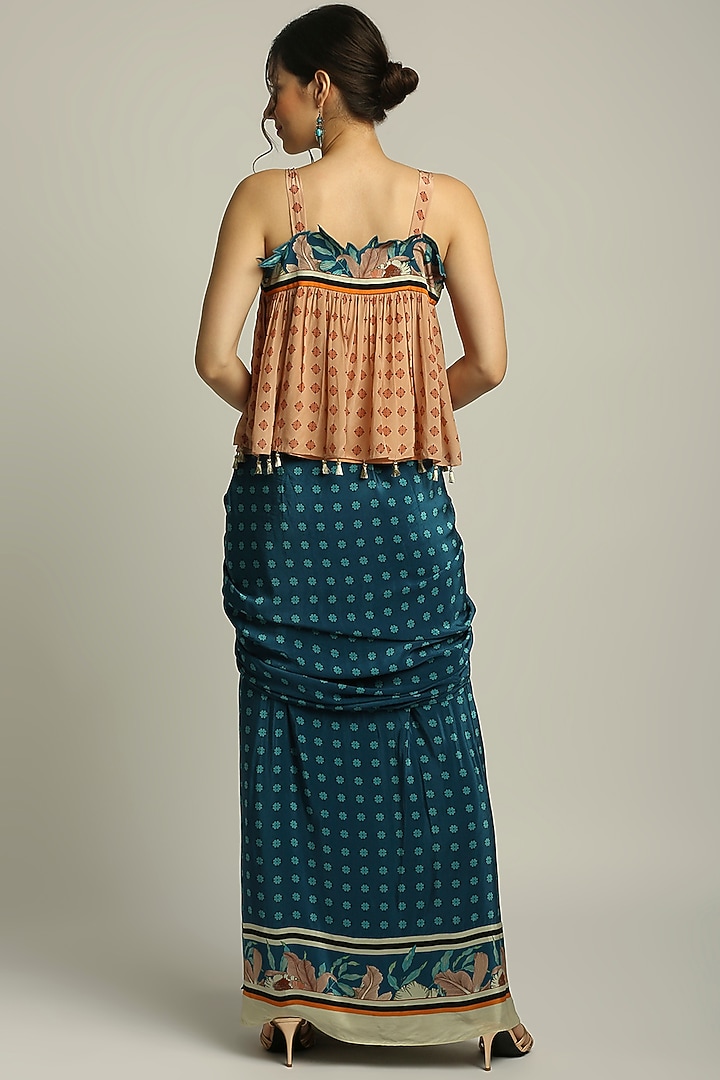 Teal Blue Printed Draped Skirt Set by Soup by Sougat Paul at Pernia's Pop Up Shop
