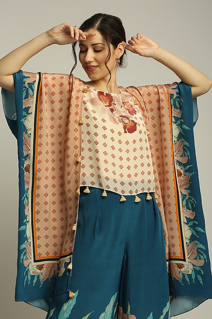 Teal Blue Crepe Printed Pant Set by Soup by Sougat Paul at Pernia's Pop Up Shop