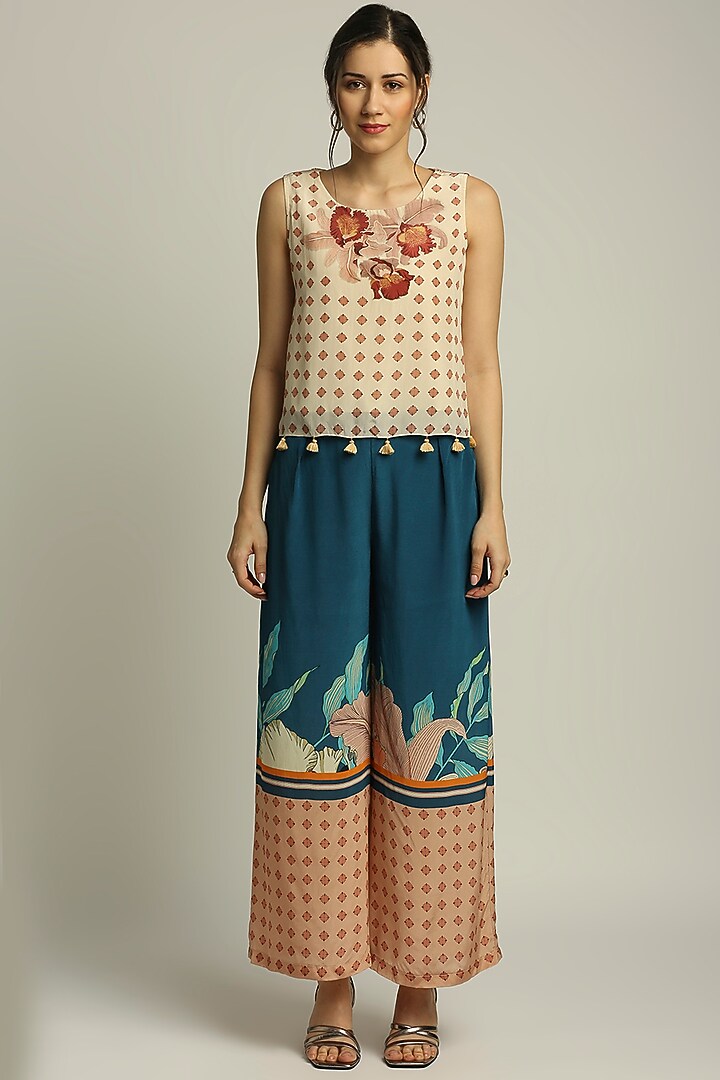 Teal Blue Crepe Printed Pant Set by Soup by Sougat Paul at Pernia's Pop Up Shop