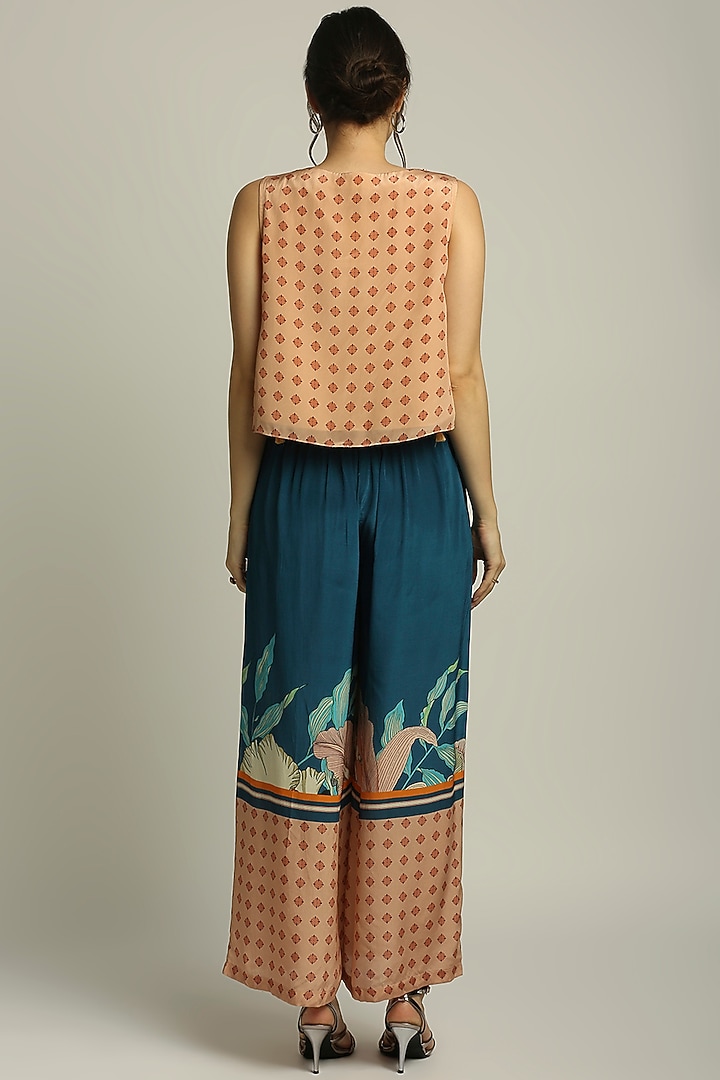 Teal Blue Crepe Printed Pant Set by Soup by Sougat Paul at Pernia's Pop Up Shop