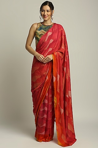 Red Satin & Jute Printed Pre-Stitched Saree Set by Soup by Sougat Paul
