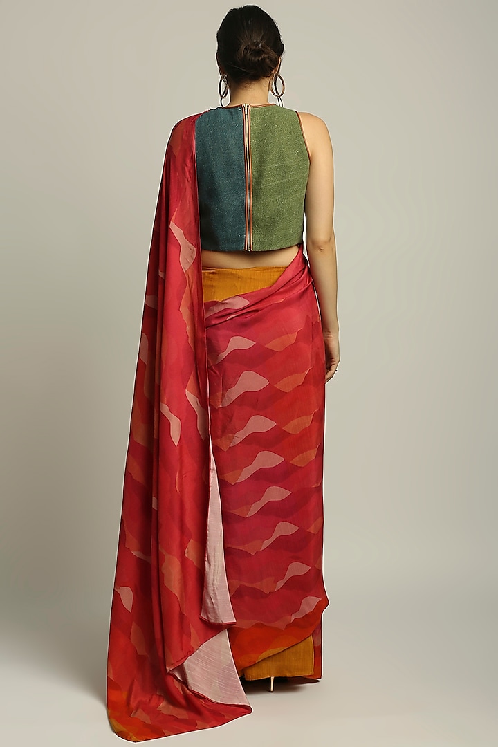 Red Satin & Jute Printed Pre-Stitched Party Wear Saree Set by Soup by Sougat Paul at Pernia's Pop Up Shop