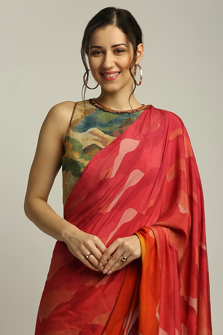 Red Satin & Jute Printed Pre-Stitched Party Wear Saree Set by Soup by Sougat Paul at Pernia's Pop Up Shop