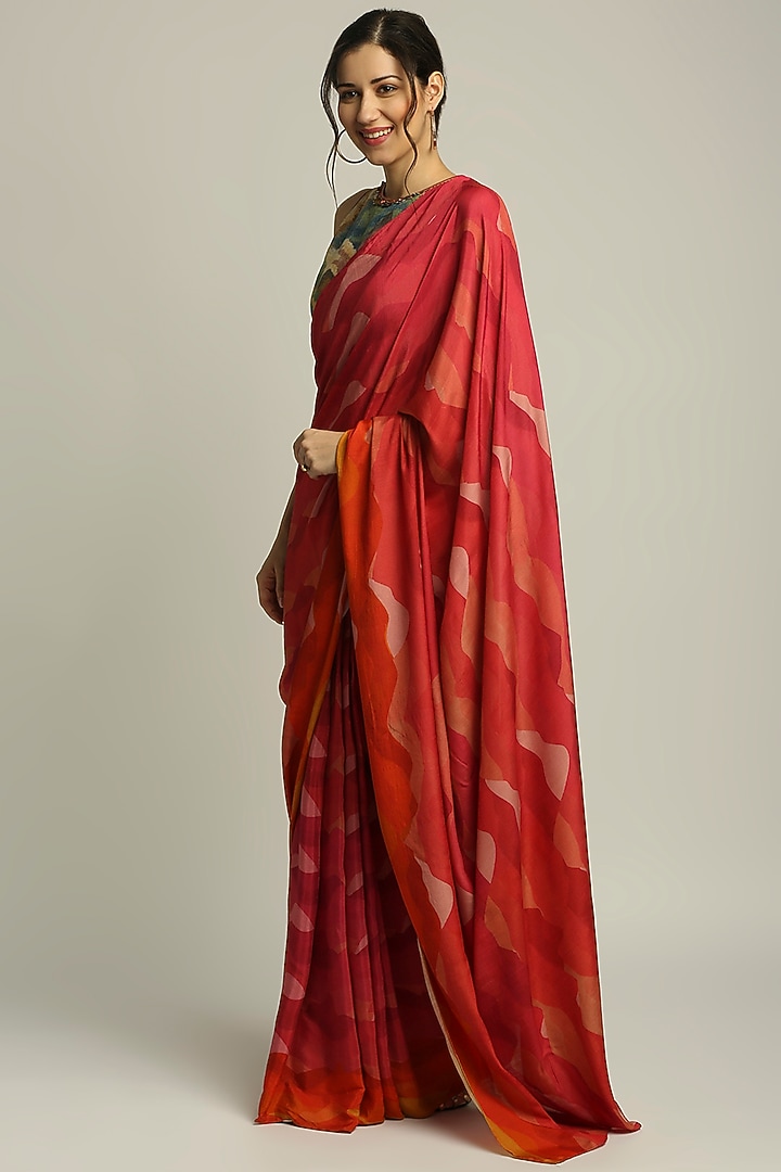 Red Satin & Jute Printed Pre-Stitched Party Wear Saree Set by Soup by Sougat Paul at Pernia's Pop Up Shop