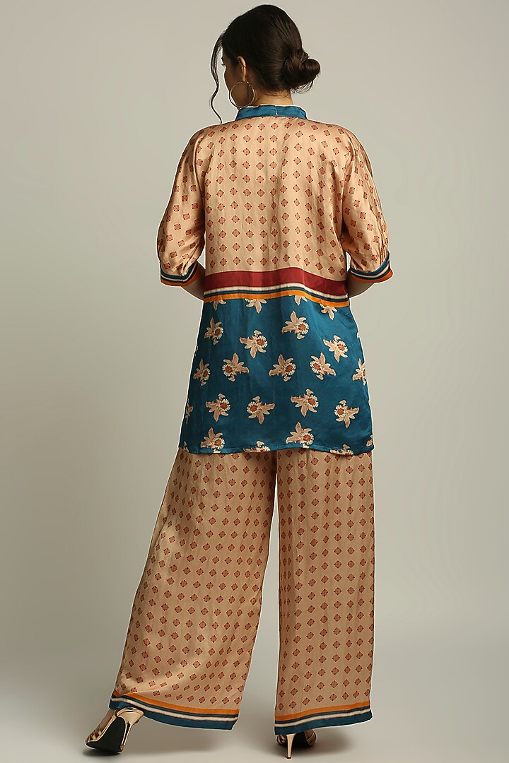 Peach & Teal Blue Satin Printed Summer Dress by Soup by Sougat Paul at Pernia's Pop Up Shop