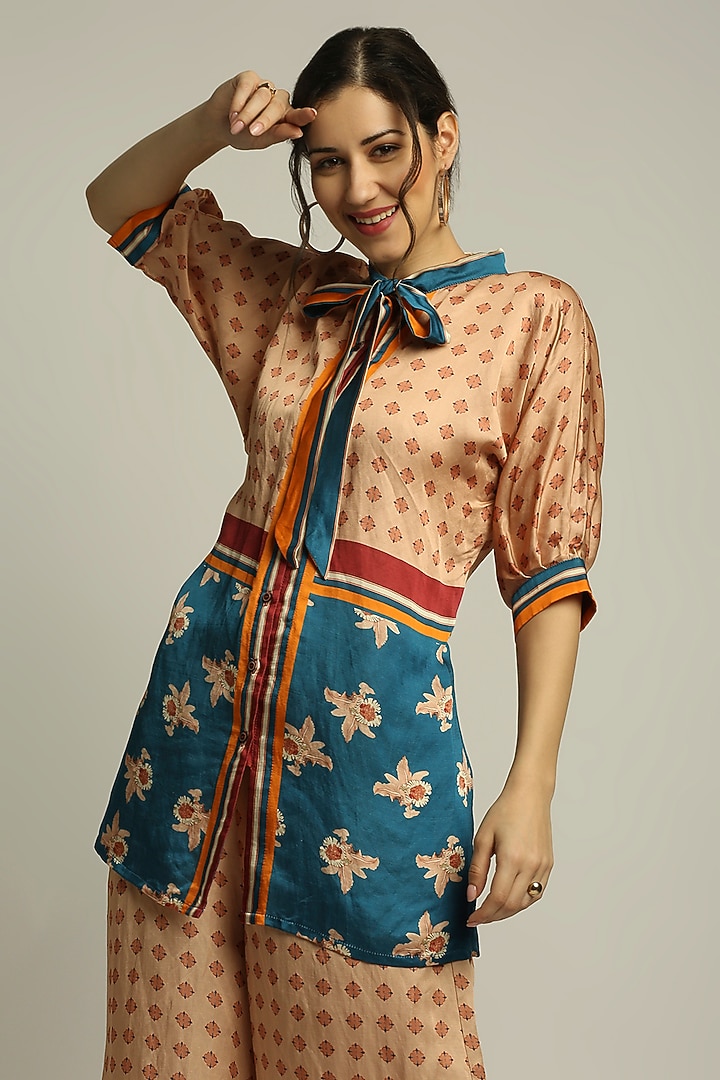 Peach & Teal Blue Satin Printed Summer Dress by Soup by Sougat Paul at Pernia's Pop Up Shop