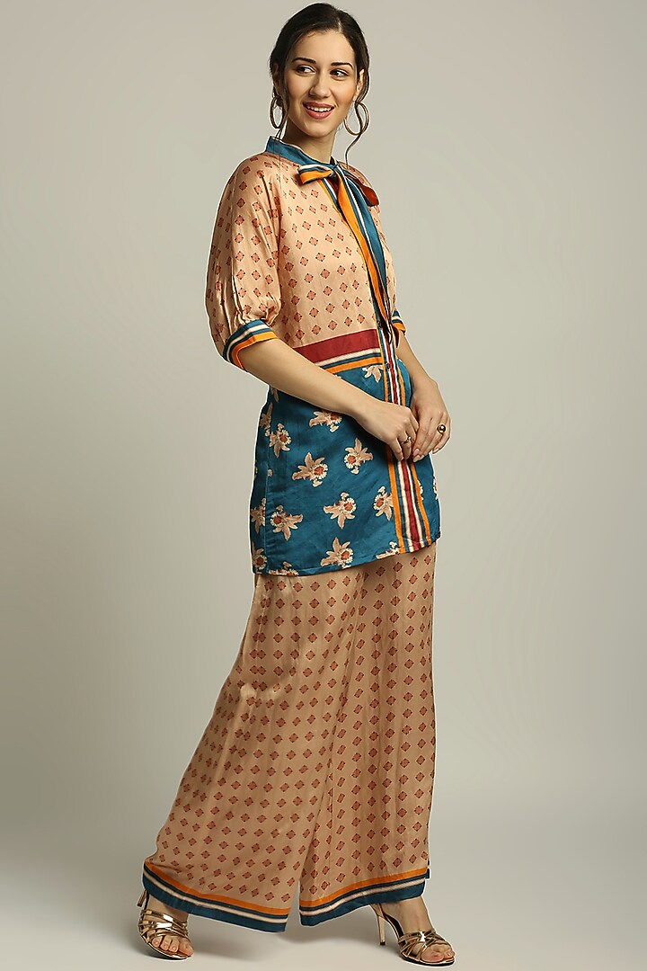 Peach & Teal Blue Satin Printed Summer Dress by Soup by Sougat Paul at Pernia's Pop Up Shop