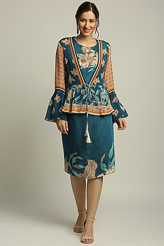 Teal Blue & Peach Crepe Jacket Dress by Soup by Sougat Paul