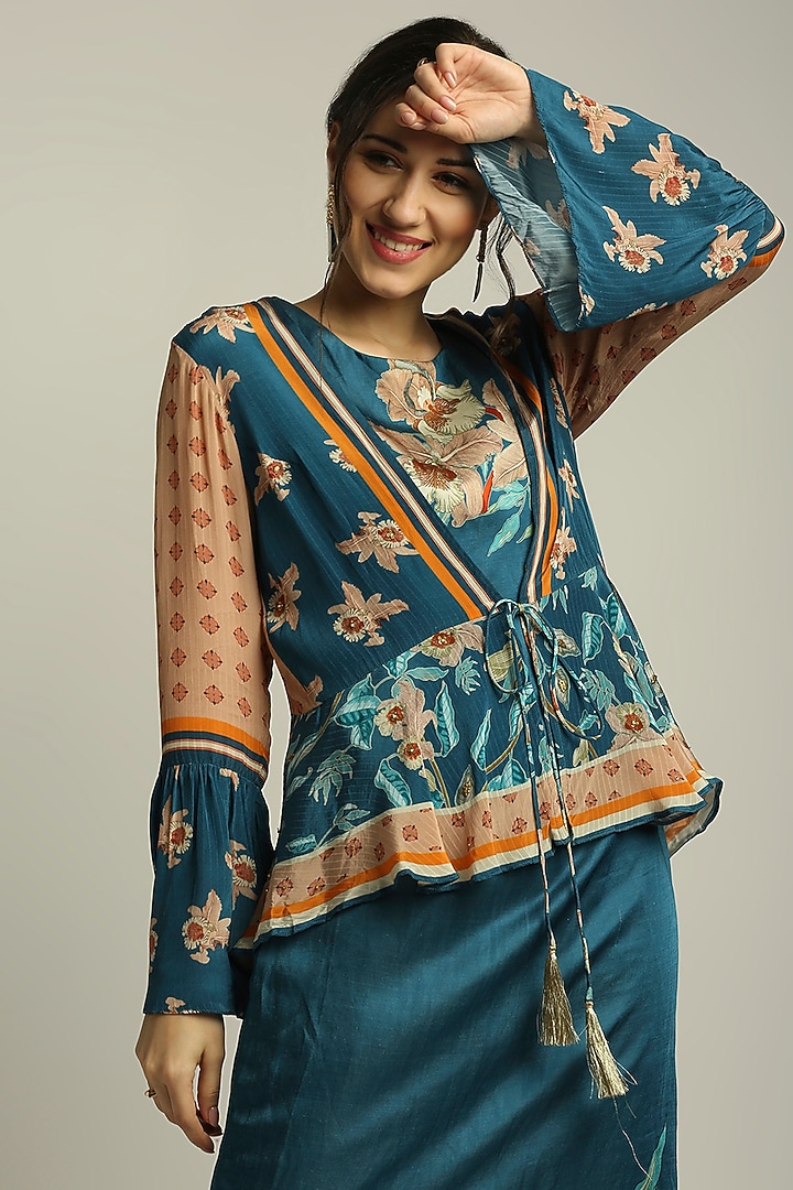 Teal Blue & Peach Crepe Jacket Summer Dress by Soup by Sougat Paul at Pernia's Pop Up Shop