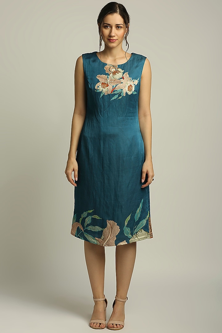Teal Blue & Peach Crepe Jacket Summer Dress by Soup by Sougat Paul at Pernia's Pop Up Shop