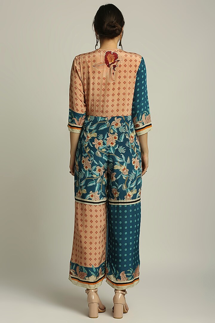 Teal Blue & Peach Crepe Printed Jumpsuit by Soup by Sougat Paul at Pernia's Pop Up Shop