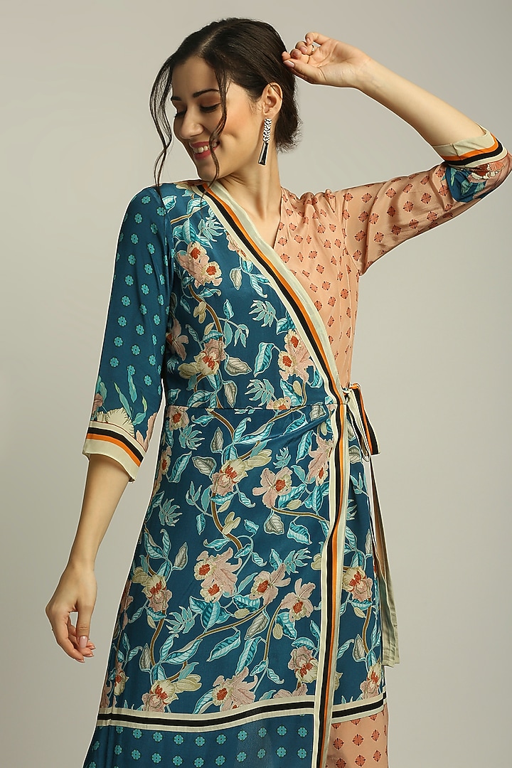 Teal Blue & Peach Crepe Printed Jumpsuit by Soup by Sougat Paul at Pernia's Pop Up Shop