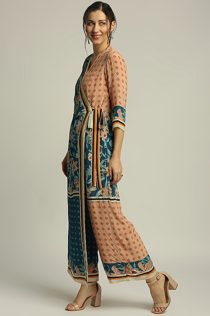 Teal Blue & Peach Crepe Printed Jumpsuit by Soup by Sougat Paul at Pernia's Pop Up Shop