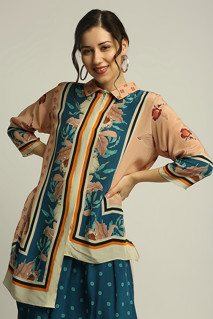 Peach & Teal Blue Crepe Pant Set by Soup by Sougat Paul at Pernia's Pop Up Shop