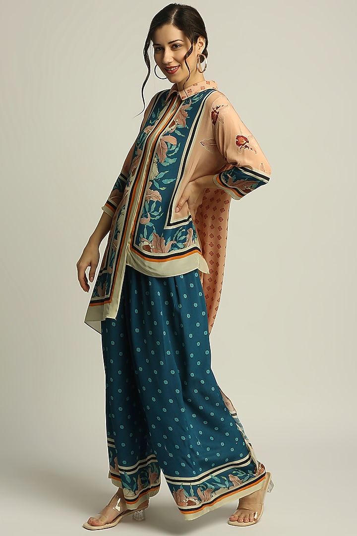 Peach & Teal Blue Crepe Pant Set by Soup by Sougat Paul at Pernia's Pop Up Shop