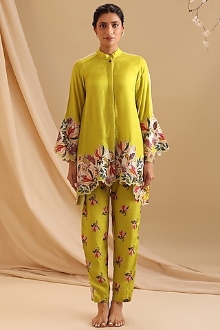 Yellow Malaysian Silk Embellished Co-Ord Set by Soup by Sougat Paul