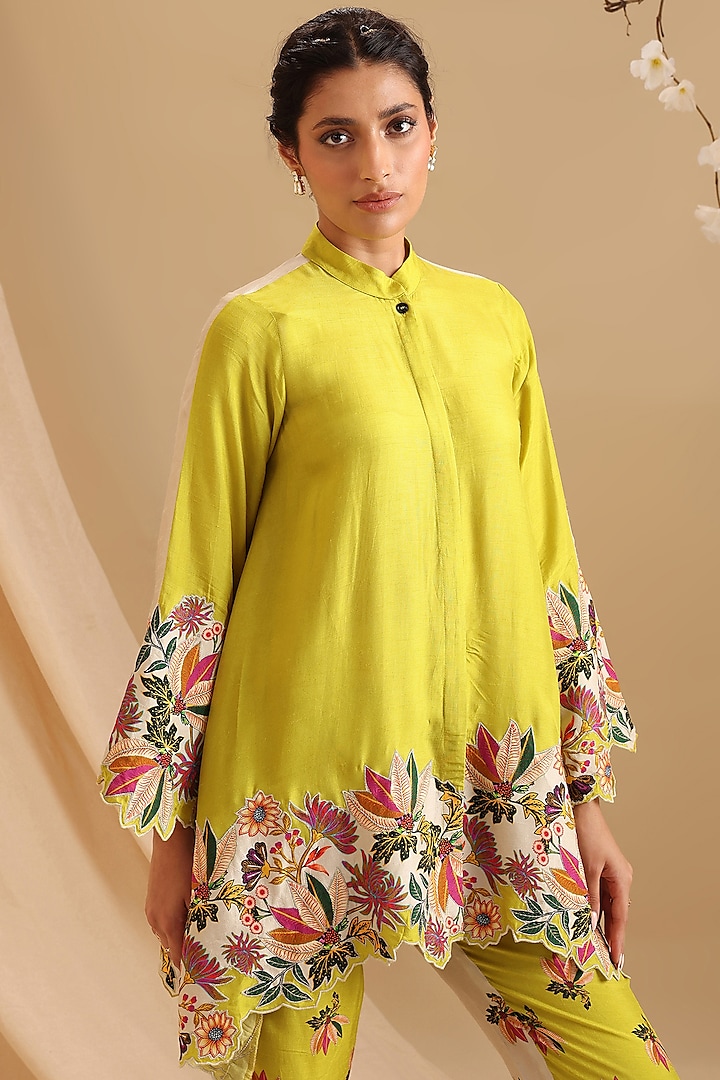 Yellow Malaysian Silk Embellished Co-Ord Set by Soup by Sougat Paul at Pernia's Pop Up Shop